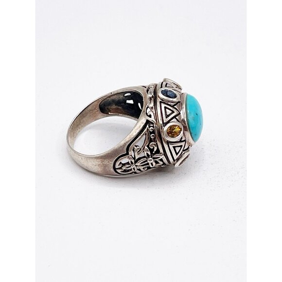 Sally C Treasures Sterling Silver Turquoise & Gems Tribal Sunburst Ring SZ 11 - Picture 2 of 10